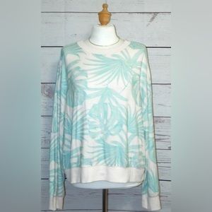 Z SUPPLY Size XL Ivory & Aqua Palms Round Neck with Long Sleeves Sweater